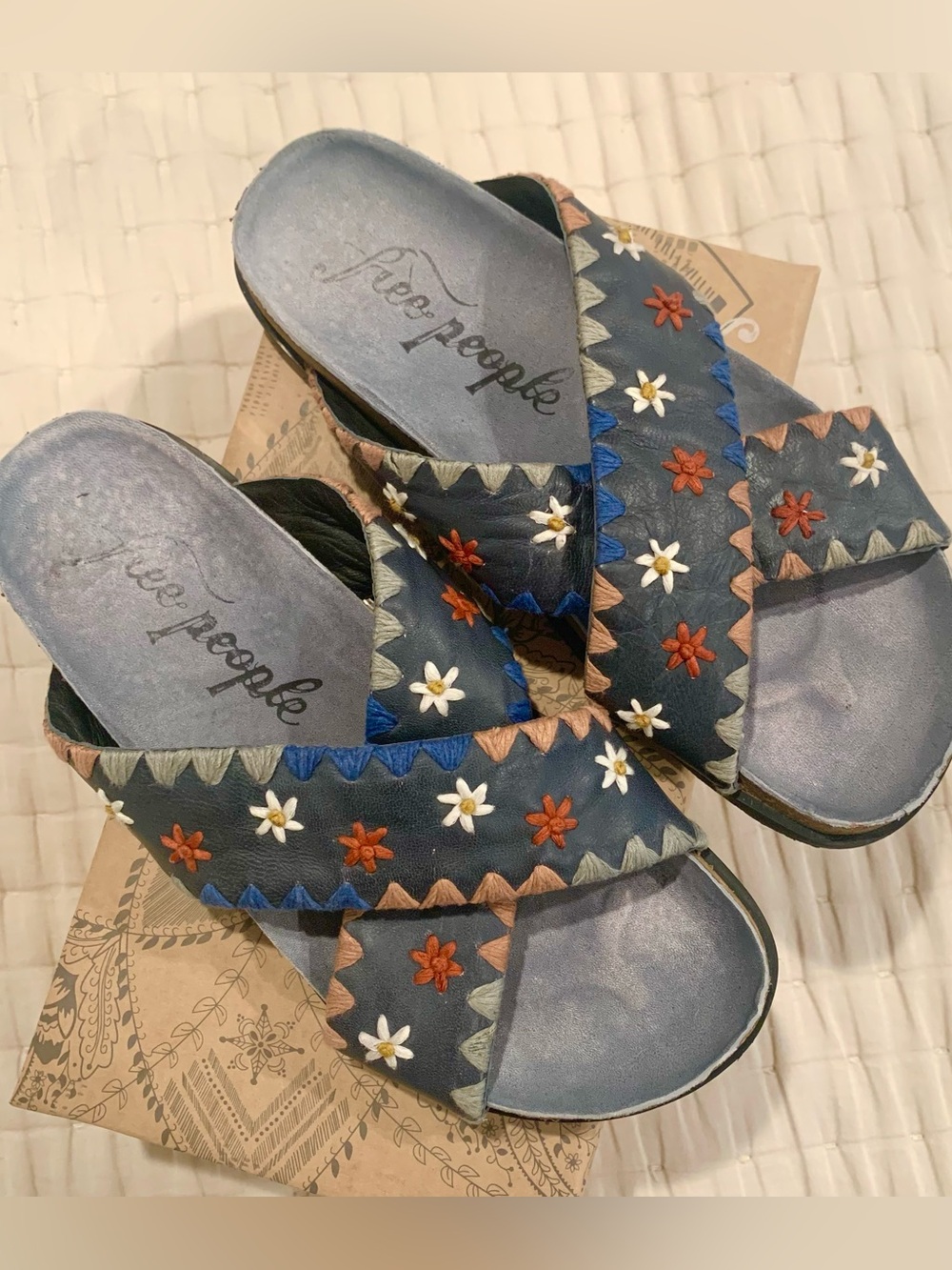 Free People Wildflowers Blue Embroidered Floral Boho Leather Sandals 38 US 8 - Picture 2 of 14